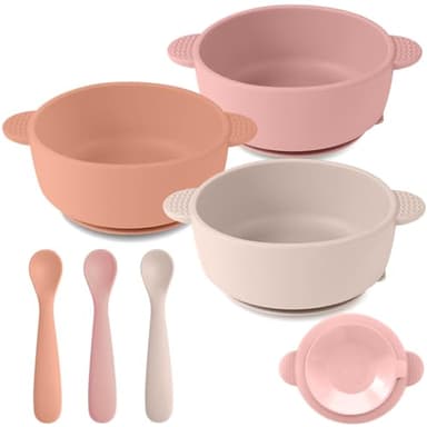 Eascrozn 3 Pack Baby Bowls with Suction and 3 Pack Baby Spoons, BPA Free, Silicone Baby Feeding Set for Babies Toddler Kids, Microwave and Dishwasher Safe - Image 1