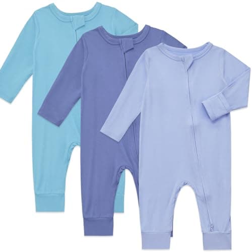 Aablexema Baby Footless Pajamas Bamboo Rayon 3pcs Unisex Infant Zipper Romper with Mitten Cuffs(Blue Set,18-24m) - Image 1