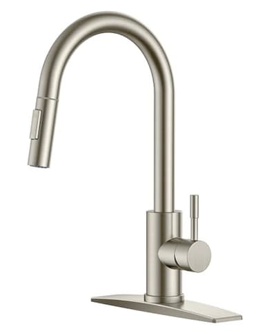 FORIOUS Kitchen Faucet with Pull Down Sprayer, Brushed Nickel High Arc Modern Classic Sink Faucet Stainless Steel with Deck Plate Fit for 1 or 3 Hole for Pot Filler Bar Farmhouse Laundry Rv - Image 1
