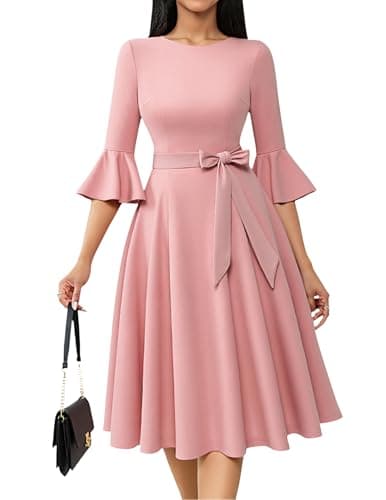 Modest Pink Dress for Church Elegant 3/4 Sleeve for Women Casual Bell Sleeve Dresses for Women Homecoming Teen Girls Blush 3XL - Image 1