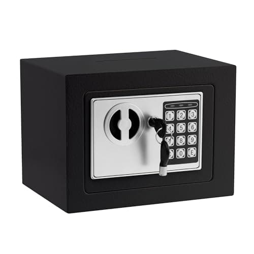 Small Electronic Safe Box With Digital Keypad & Keys - 9.05 x 6.7 x 6.7 Inches Wall Safe 0.23Cuft Mini Security Box for Coin Home Office Hotel Rooms Business Jewelry Gun (Black) - Image 1