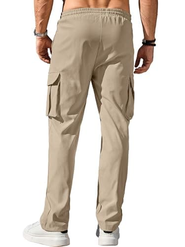 Comdecevis Men's Casual Cargo Pants Workout Joggers Stretch Sweatpants Hiking Drawstring Tactical Pants with Multi Pockets Dark Khaki - Image 3