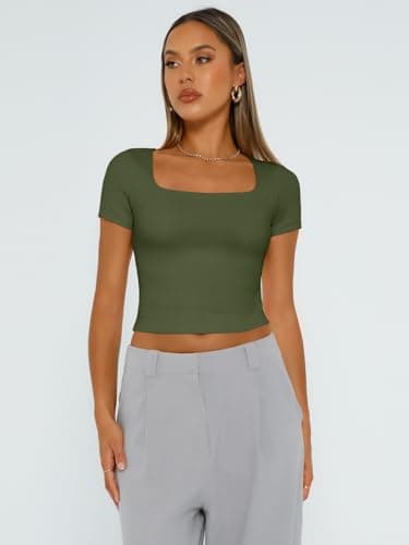 Trendy Queen Tshirts Shirts for Women Double Lined Going Out Crop Tops 2025 Spring Summer Workout Y2k Clothes Beach Fashion ArmyGreen L - Image 2