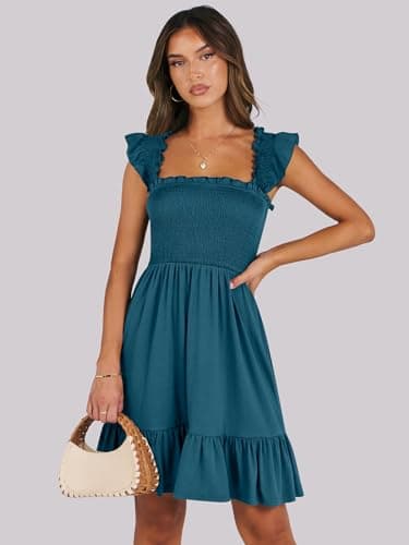 ANRABESS Women's Summer Casual Sleeveless Square Neck Dress 2025 Smocked Ruffle Backless Boho Beach Cute Teen Short Sundress Tile Blue x-Small - Image 2