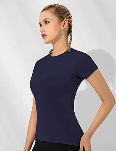 Loovoo Workout Tee Tops for Women 2 Pack Short-Sleeves Crewneck Compression Seamless Athletic Yoga Tee Gym Shirts - Image 3