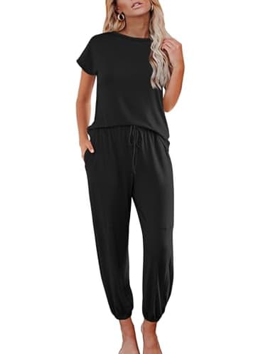 Ekouaer Pajamas for Women 2 Piece Lounge Sets Cap Sleeve Loungewear Top with Joggers Pants S-XXL Black - Image 1