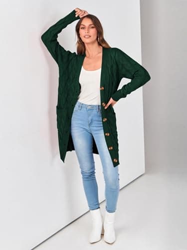 PRETTYGARDEN Long Sleeve Cable Knit Long Cardigan for Women 2025 Fall Winter Chunky Open Front Button Sweaters with Pockets(Dark Green,Small) - Image 3