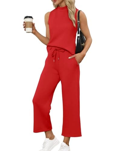 SAMPEEL Two Piece Set for Women Christmas Outfits Holiday Trendy Lounge Sets Mock Neck Matching Sets Women Clothing Wide Leg Crop Pants Set Red S - Image 1