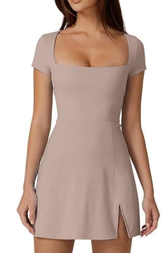 QINSEN Exercise Workout Dress for Women Square Neck Short Sleeve Flare Tennis Dress with Shorts Pockets Rose Taupe XL - Image 1
