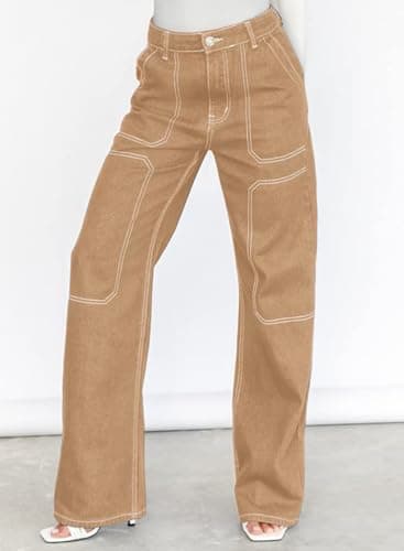 Dokotoo Women's Casual High Waisted Cargo Jeans Wide Leg Denim Pants Khaki Size 4 - Image 3