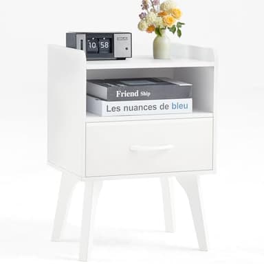 YUFAM Wooden Night Stand,Mid Century Modern Nightstand,Side Tables with Fabric Drawers and Open Storage Shelf,Bedside Table with Wood Legs,End Table for Bedroom,Sitting Room and Small Spaces (White) - Image 1
