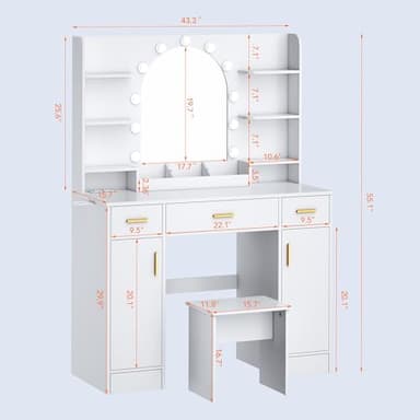 Decofy Vanity Desk with Mirror and 11 LED Lights, White Makeup Vanity Desk with Chair, Vanity Table Set, 5 Drawers 3 Lighting Modes & 5 Adjustable Brightness Dressing Table for Bedroom - Image 2