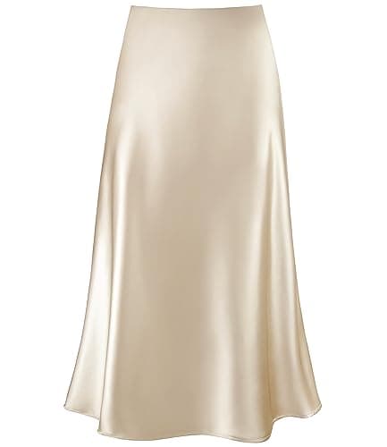 Women's Satin High Waist Hidden Elasticized Waistband Flared Casual A Line Midi Skirt (Champagne, US4-6) - Image 1