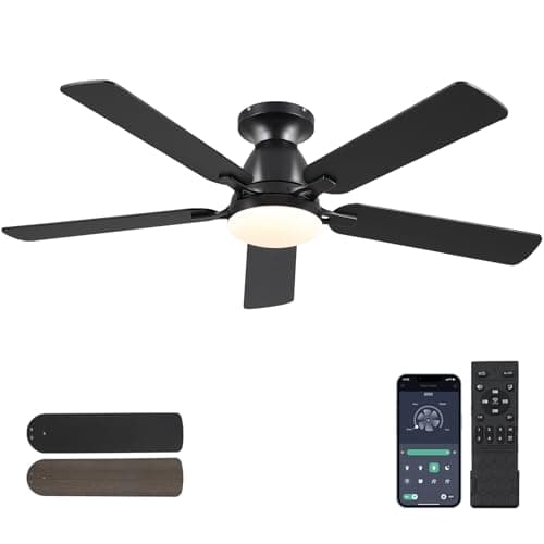 Ceiling Fans with Lights- 52" Low Profile Indoor Ceiling Fan with Light and Remote/APP Control, Flush Mount, LED Dimmable DC Reversible Modern Ceiling Fan for Bedroom(Black) - Image 1