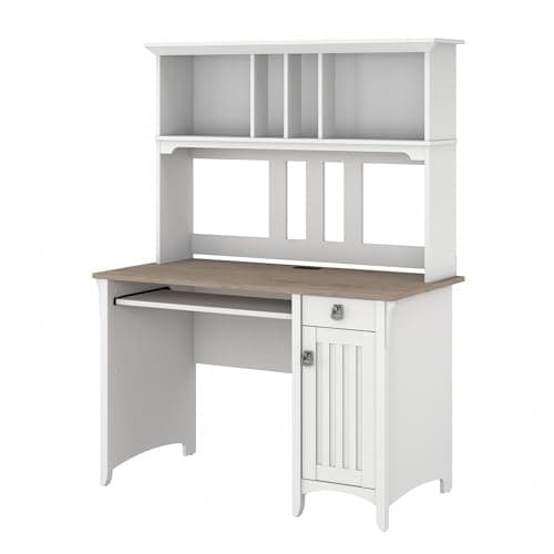 Bush Furniture Salinas Computer Desk with Hutch | Study Table with Drawers, Cabinets & Pullout Keyboard/Laptop Tray | Modern Home Office Desk in Pure White and Shiplap Gray | Work Desk with Storage - Image 1
