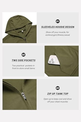 COOFANDY Men's Workout Tanks Pack Sleeveless Athletic Hoodies for Men Zip Up Hooded Muscle Shirts Black and Army Green XXL - Image 5