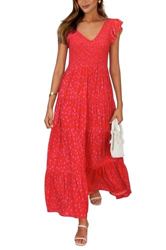 PRETTYGARDEN Women's Summer Flowy Maxi Dress Casual Cap Sleeve V Neck Smocked Beach Sundress (Print Red,X-Large) - Image 1