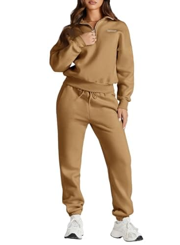 Herseas Womens Half Zip Pullover Long Sleeve Sweatshirt Jogger Pants Lounge Sets 2 Piece 2025 Teacher Outfits Sweatsuit with Pockets Camel Medium 8 10 - Image 1