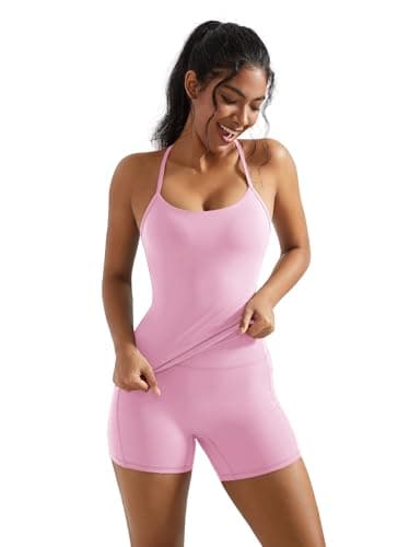 OMKAGI 2 Piece Workout Sets for Women Padded Sports Bra Tank Booty Gym Shorts with Pockets(M,284-Light Pink) - Image 4