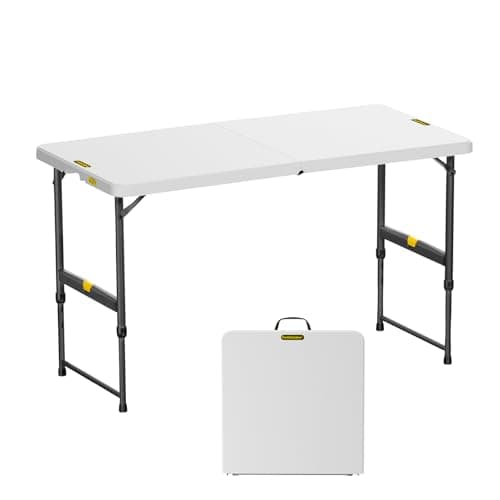 FanttikOutdoor 4ft Portable Folding Table, One-Handed Height Adjustment, 4 Heights, Gravity Lock, Carry Handle, Indoor Outdoor Heavy Duty Fold-in-Half Utility Table, Party, 1 Pack, White Zeta X4 Pro - Image 1