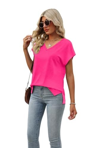 Womens Cap Sleeve Summer Tops Trendy Tank Tops Sleeveless V Neck Loose Fit Shirts Hot Pink XL - Image 3
