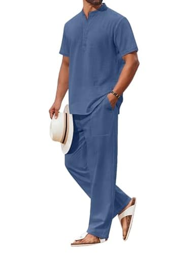 COOFANDY Men's 2 Piece Cotton Sets Casual Short Sleeve Henley Shirts and Yoga Beach Pants with Pockets Summer Vacation Outfit - Image 1