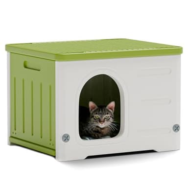 Plastic Cat House for Outdoor Indoor Use, Stackable Feral Cat Shelter Indoor Cat House Weatherproof Waterproof Elevated (Green) - Image 1