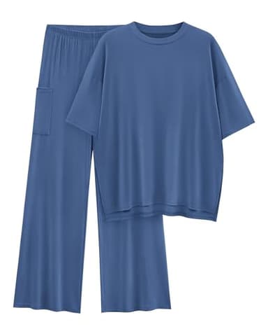 KIRUNDO Two Piece Sets For Women Summer Casual Short Sleeve Oversized Tops And Long Wide Leg Lounge Pants Matching Loungewear Set Sweat Suits Tracksuit(Blue, Large) - Image 1