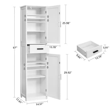 usikey 67'' Tall Bathroom Cabinet, Storage Cabinet with 4 Shelves & 2 Doors, Narrow Storage Cabinets for Bathroom, Living Room, Home Office, White - Image 3