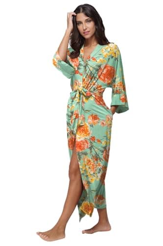Women's Floral Long Robes Modal Long Kimono Robes Full Length Dressing Gown Soft Sleepwear - Image 2