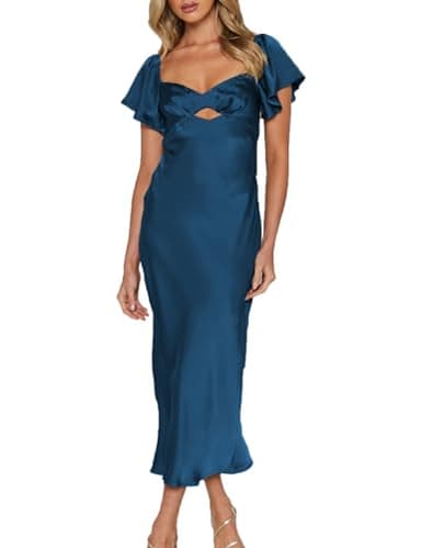 Summer Satin Flutter Sleeve Wedding Guest Dresses for Women Sweetheart Neckline Cutout Tie Back Midi Cocktail Dress Teal - Image 1
