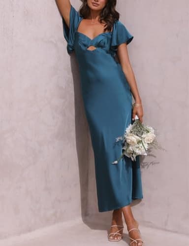 Summer Satin Flutter Sleeve Wedding Guest Dresses for Women Sweetheart Neckline Cutout Tie Back Midi Cocktail Dress Teal - Image 4