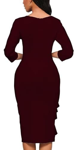 Yajedo Womens Bodycon Cocktail Ruffle 3/4 Sleeve Work Business Knee Length Sheath Dress(Burgundy X-Large) - Image 6