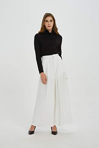 Tronjori Women High Waist Casual Wide Leg Long Palazzo Pants Trousers Regular Size(L,Ivory White) - Image 2