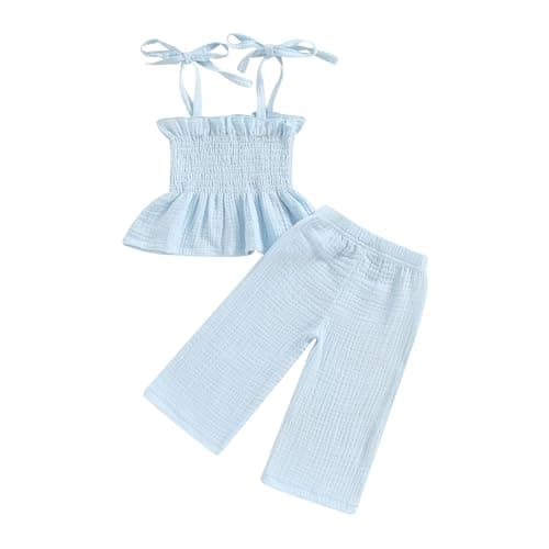 VISGOGO Infant Baby Toddler Girls Clothes Solid Color Sleeveless Camisole Linen Pants Set Baby Summer Outfits (Blue, 12-18 Months) - Image 1