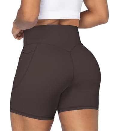 Sunzel No Front Seam Biker Shorts for Women with Pockets, Yoga Workout Gym Bike Shorts with Tummy Control 5" Inseam Seal Brown X-Small - Image 2