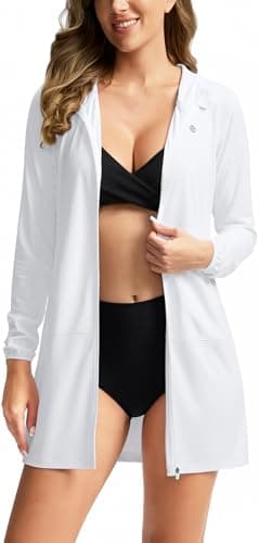 Women's UPF 50+ Swim Cover Up Sun Protection Hoodie Long Jacket SPF Lightweight Beach Cover Ups for Women(White,M) - Image 1
