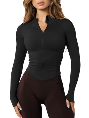 GYM RAINBOW Womens Snatched Workout Jackets Lightweight Zip Up Slim Fit Gym Track Athletic Jackets with Thumb Holes(#1 Black,Small) - Image 1