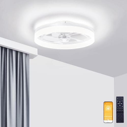 VOLISUN Low Profile Ceiling Fans with Lights and Remote, 19.7in Fandelier Ceiling Fan Flush Mount, 3000K-6500K Smart Bladeless LED Fan Light, White Modern Ceiling Fans with Lights for Bedroom - Image 1