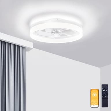 VOLISUN Low Profile Ceiling Fans with Lights and Remote, 19.7in Fandelier Ceiling Fan Flush Mount, 3000K-6500K Smart Bladeless LED Fan Light, White Modern Ceiling Fans with Lights for Bedroom - Image 1