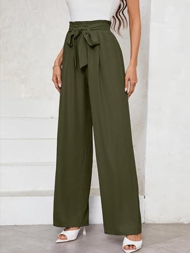 Heymoments Women's Wide Leg Lounge Pants with Pockets Dark Green Stripe Large Lightweight High Waisted Adjustable Tie Knot Loose Comfy Casual Trousers - Image 3