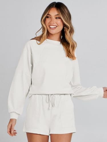 MEROKEETY Women's 2025 Fall Oversized Batwing Sleeve Lounge Sets Casual Top and Shorts 2 Piece Outfits Sweatsuit White - Image 8