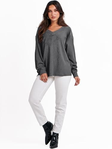 ANRABESS Oversized Long Sleeve Shirts for Women Off the Shoulder Sweatshirt Loose V Neck Tunic Tops High Low Sweater 2025 X-Small Dark Grey - Image 7