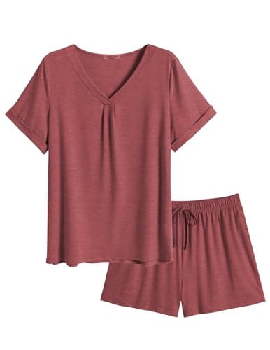 Ekouaer Pajamas Set Women's Short Sleeve 2 Piece PJ Sets V Neck Comfy Sleepwear Loungewear with Pockets,Wine,Large - Image 1