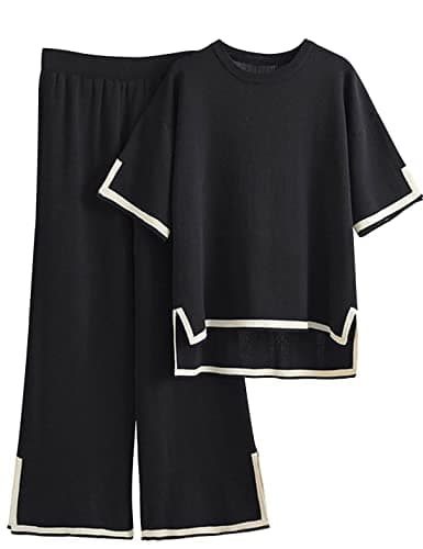 Tanming Sweater Sets Women 2 Piece Lounge Sets Short Sleeve Knit Pullover Tops Wide Leg Pants (Black-XL) - Image 1