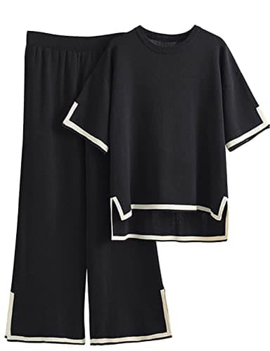 Tanming Sweater Sets Women 2 Piece Lounge Sets Short Sleeve Knit Pullover Tops Wide Leg Pants (Black-XL) - Image 1