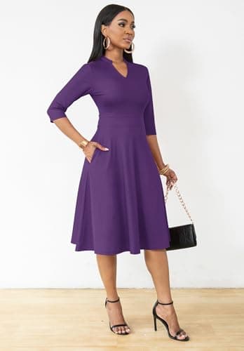 Nmoder Casual Dresses for Women Semi Formal Fit and Flare 3/4 Sleeve A-line Church Work Dress with Pockets Purple 3XL - Image 2