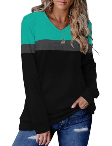 CRAZY GRID Womens Long Sleeve Shirts Casual Vneck Color Block Fall Top Ladies Soft Trendy Loose Fits Sweatshirt Lightweight Plus Size Oversized 2XL Turquoise Black - Image 1