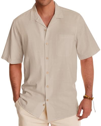 Alimens & Gentle Short Sleeve Button Down Shirts Linen Shirts for Men Cotton Summer Beach Cuban Shirts Vacation Hawaiian Shirts Beige - Image 1
