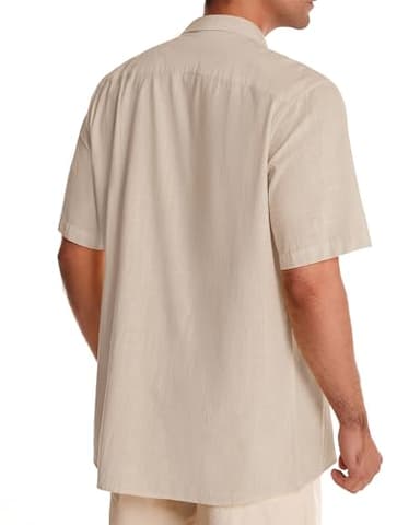 Alimens & Gentle Short Sleeve Button Down Shirts Linen Shirts for Men Cotton Summer Beach Cuban Shirts Vacation Hawaiian Shirts Beige - Image 3